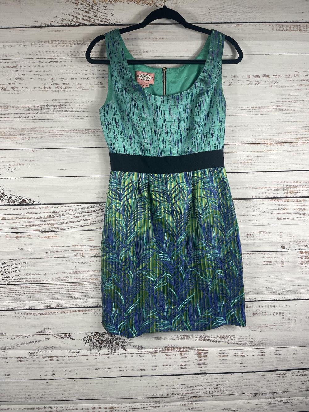 Phoebe Couture Dress Women's Size 4 Green Blue Jacquard Fit Flare Knee Length